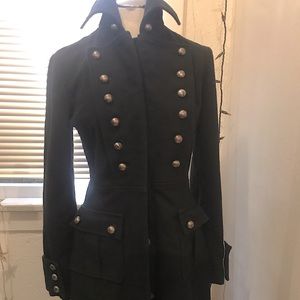 Military style knee length black fall coat size M.